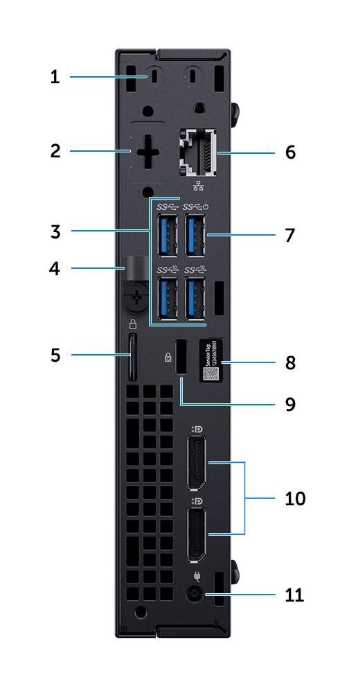 Näkymä takaa 1 Ulkoiset SMA-antenniliittimet (valinnainen) 2 DisplayPort/HDMI 2.0b/VGA/USB Type-C Alt-Mode (valinnainen) 3 USB 3.1 Gen 2 -portit (2) ja USB 3.