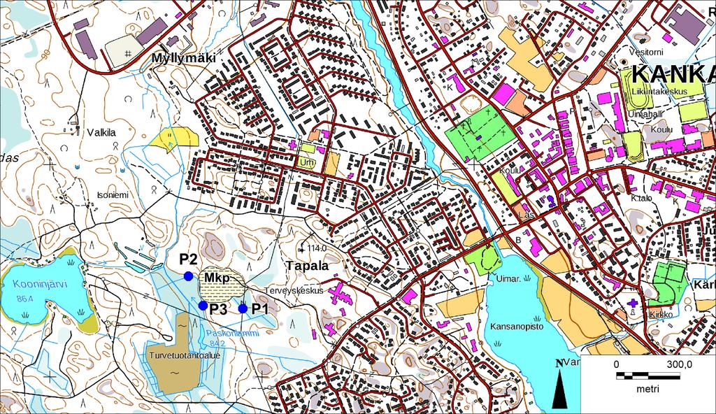 2 Kuva 1.1. Maankaatopaikan (Mkp) ja havaintopisteiden (P1, P2 ja P3) sijainti. Peruskarttarasteri Maanmittauslaitos 4/2017. 2.