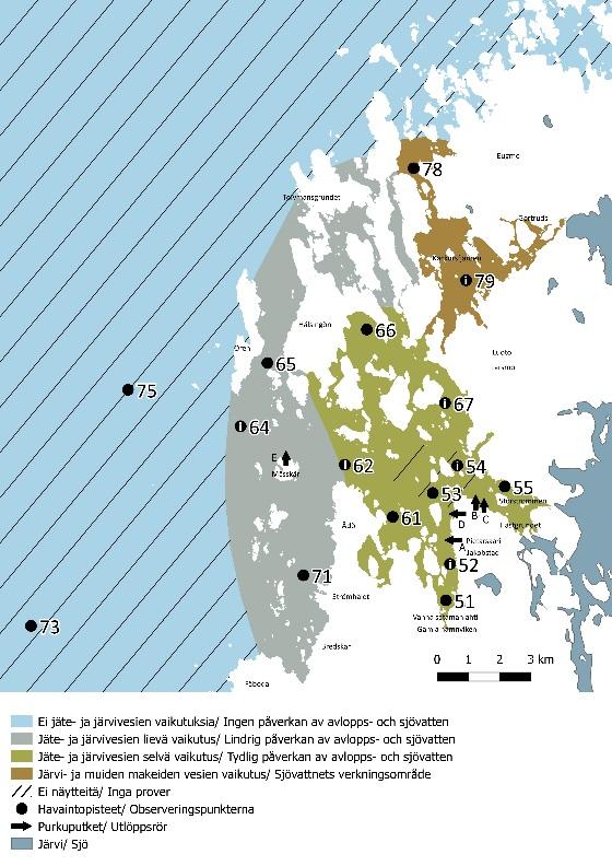 Kuva 10. Pintaveden (1 m) laadun perusteella arvioidut jäte- ja järvivesien leviämisalueet maaliskuussa 2018 (kaikilta pisteiltä ei ole näytteitä huonon jäätilanteen vuoksi).