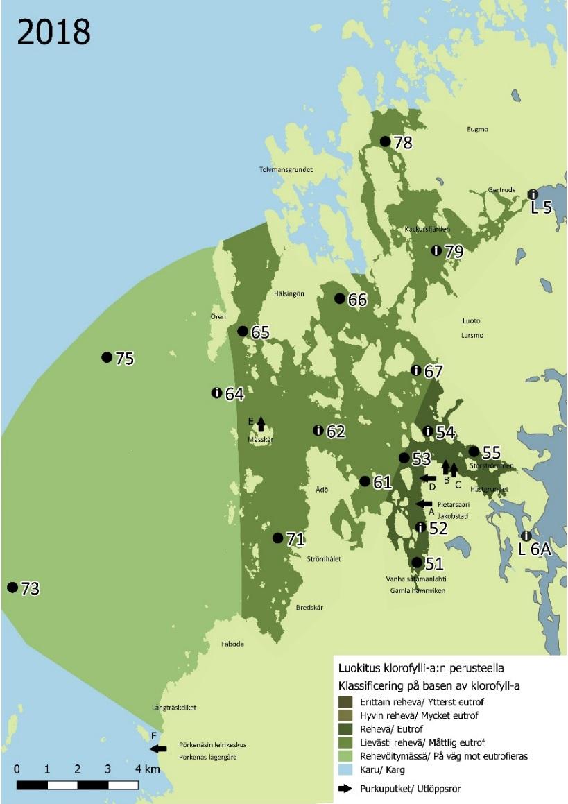 Rehevöitymisluokitus Avovesikauden 2018 rehevöitymisluokitus on esitetty kuvassa 17.