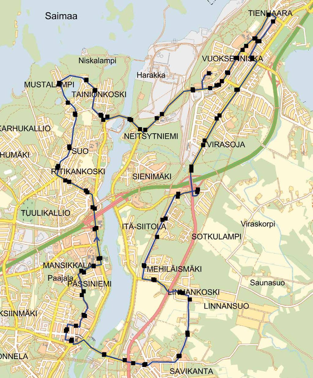 1 2 Reitti: Vuoksenniskantie - Rönkätie - Ratamokatu - Torikatu - Karjalantie - Kartanonkatu - Sotkulammentie - Linnansuontie - Savikannantie - Imatrankoskentie - Helsingintie - Einonkatu -