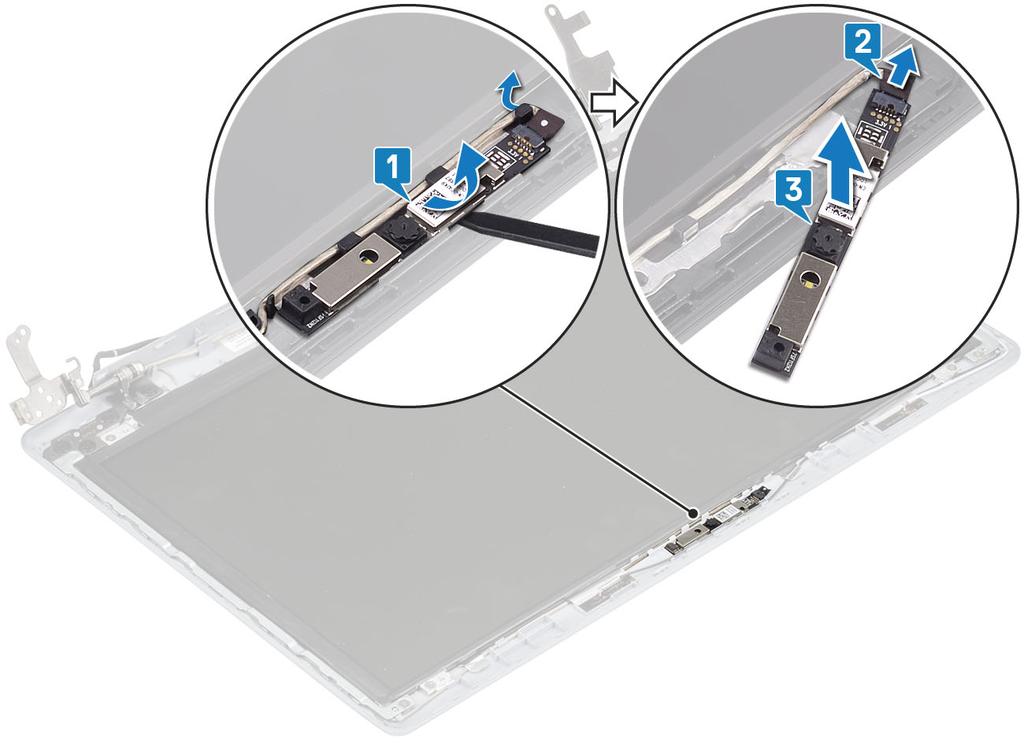 7 Irrota näyttökokoonpano 8 Irrota näytön kehys 1 Kankea kamera irti näytön takakansi- ja antennikokoonpanosta muovipuikolla [1]. 2 Irrota kamerakaapeli kameramoduulista [2].