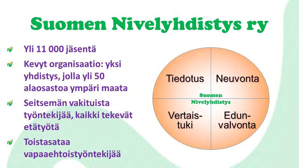 Taustaa Nivelsairauksia vastaan - nivelterveyden puolesta Suomen Nivelyhdistys edistää nivelsairaiden, erityisesti nivelrikkoisten, mahdollisuuksia tulla toimeen sairautensa kanssa.