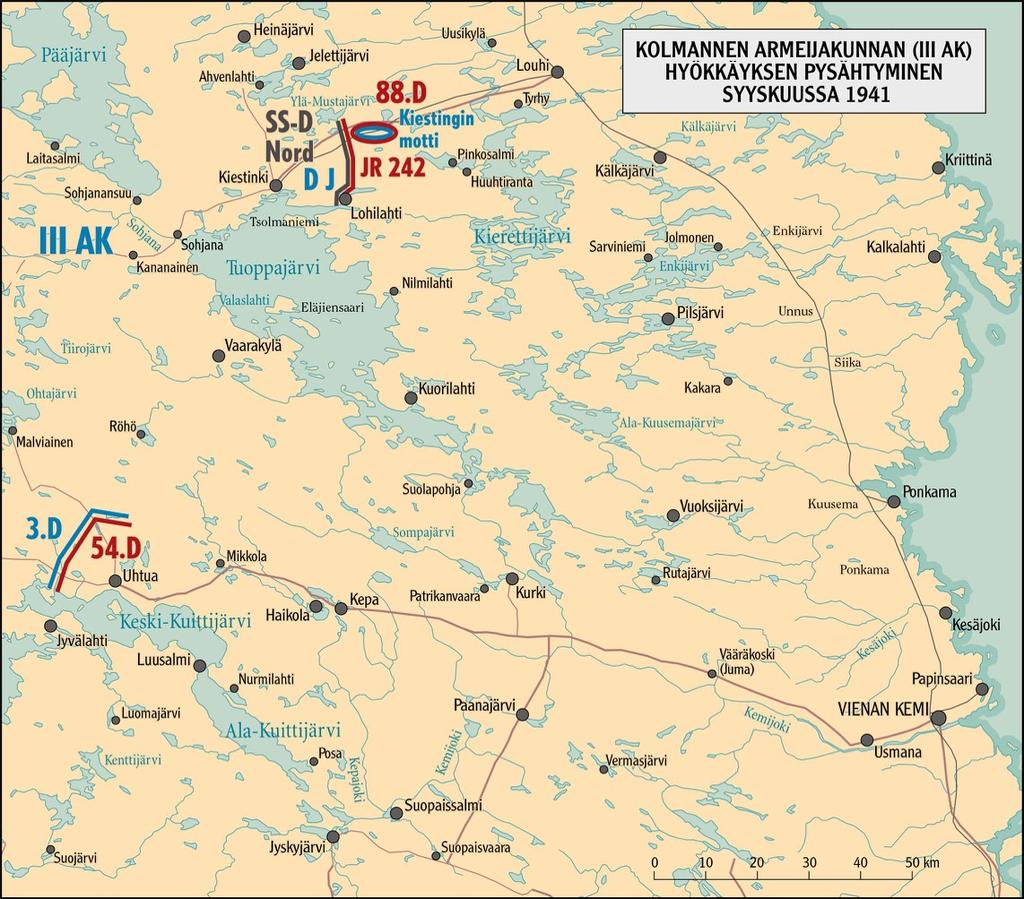 III AK:N HYÖKKÄYS PYSÄHTYI SYYSKUUSSA Puna-armeijan divisioona Kiestingin suunnalle - Kiestinginmotti, JR 53 jäimottiin - ulosmurtautuminen - ryhmittyminen puolustukseen Suomen sotakirjuri Oy &