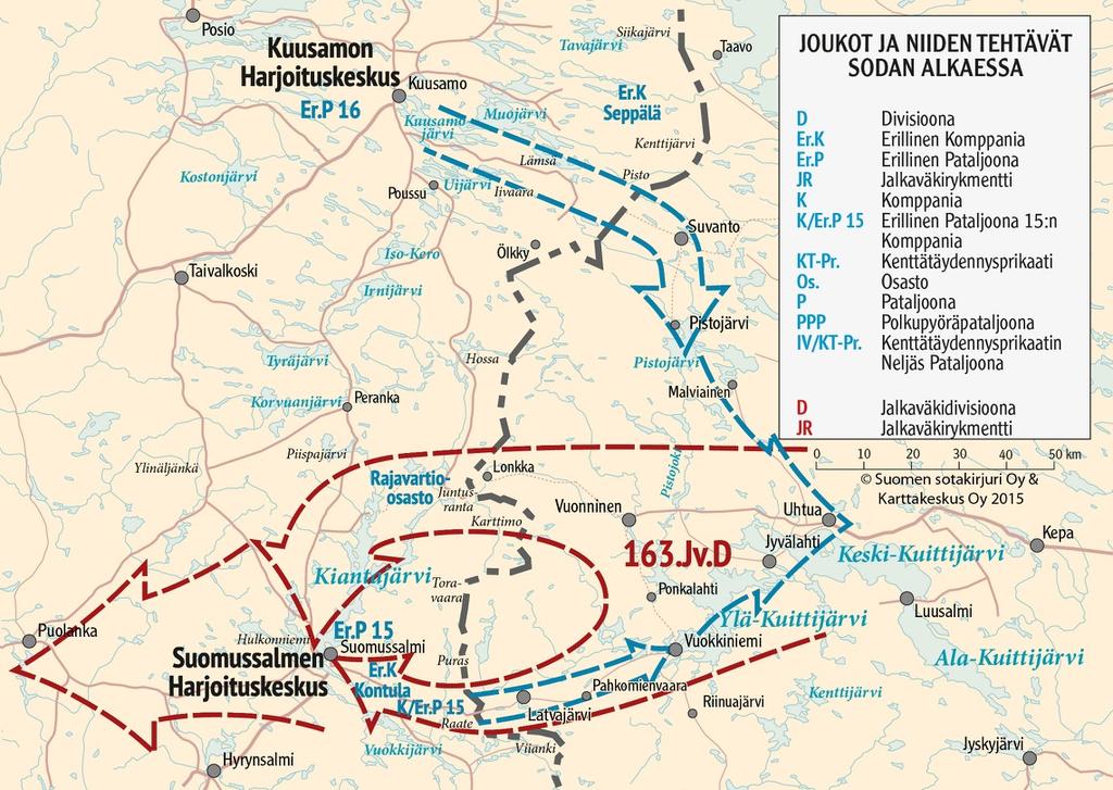 TALVISOTAA EDELTÄNEET SUUNNITELMAT - SUOMI - I vaiheessa hyökkäys Uhtualle - NL - I vaiheessa kaksipuolinen saarrostushyökkäys Suomussalmelle -