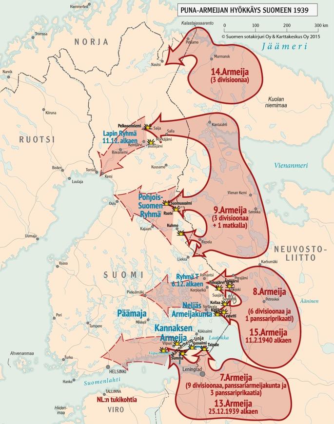 Kartta tehty tekstin perusteella - Vertaa talvisodan hyökkäyssuuntia Ouluun Suomen sotakirjuri Oy & Karttakeskus Oy 2019 Raunio,
