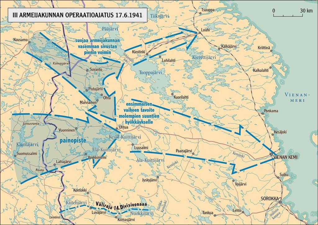 III AK:n TEHTÄVÄ - Suojata Saksan Norjan-armeijan oikea sivusta - AK:n käytössä yksidivisioona (3.D) + - AK:n toinen divisioona (6.