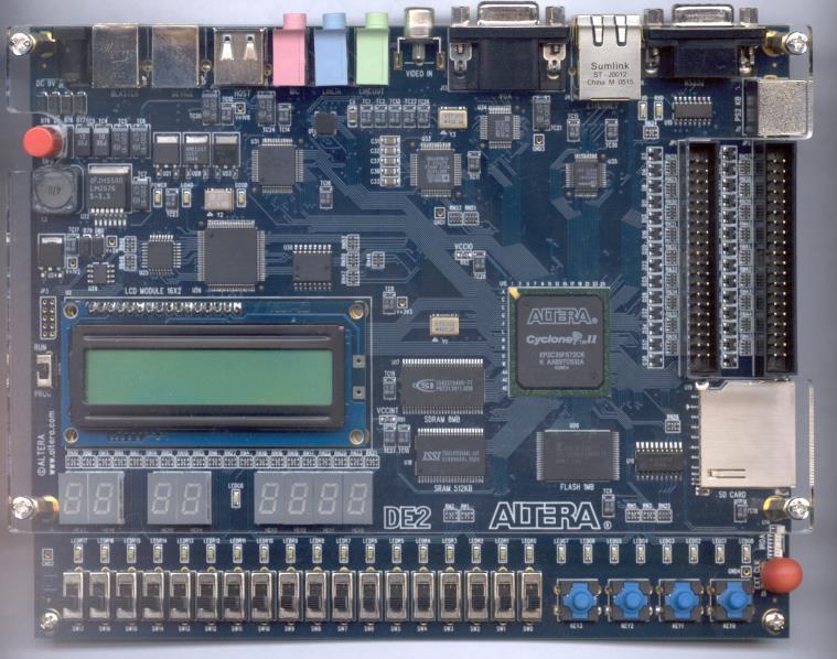 15 5 LAITTEET JA OHJELMAT 5.1.1 FPGA-piiri Altera DE2 Kun suunnitellaan sulautettua järjestelmää käyttäen apuna FPGA:ta, jolloin yleisin käytetty piiri on Altera DE2-piiri, joka on Altera Cyclone II