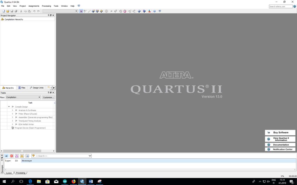 16 Kuva 2. Altera Quartus II:n aloitusnäkymä 5.1.3 Qsys Qsys on järjestelmäintegraatiotyökalu, jonka avulla lisätään projektin sisältämät ohjelmoitavat komponentit.