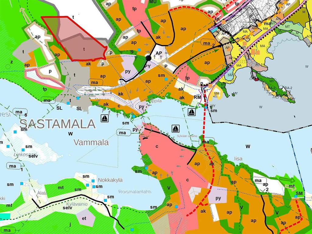 KUVA 12: Ote keskustaajaman rakenneosayleiskaavasta, suunnittelualue merkitty punaisella rakennesuunnitelma rakennesuunnitelmassa tavoitteena on ollut ratkaista väestötavoite ja väestön sijoittuminen