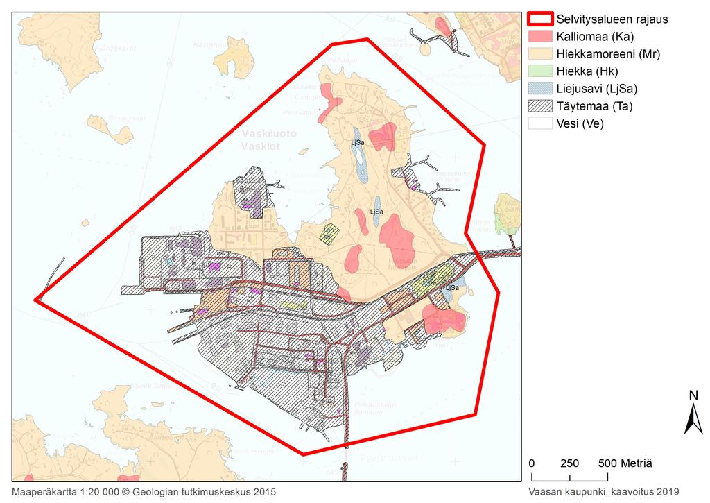 2.3 Selvitysalueen maaperä Vaasan kallioperä on pääasiassa Vaasan graniitiksi kutsuttua harmaata porfyyrigraniittia, jolle ovat tyypillisiä muodoltaan vaihtelevat, muutaman sentin mittaiset vaalean