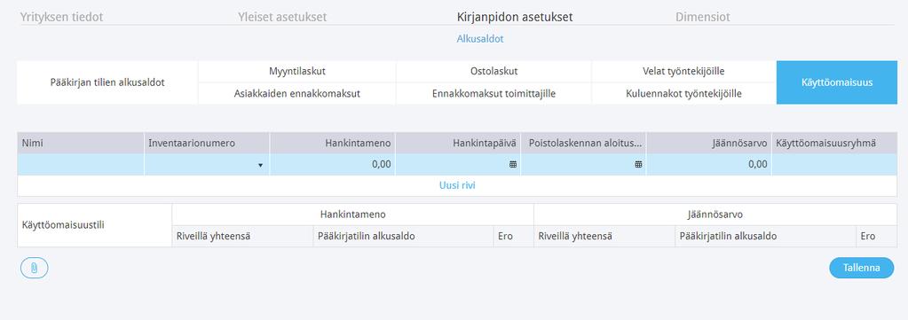 Lisää alkusaldoissa aineettomien ja aineellisten hyödykkeiden tileille alkuperäinen hankintahinta ja Poisto-tileille tähän mennessä kertyneet poistot (hyödykkeiden jäännösarvoksi jää tällöin