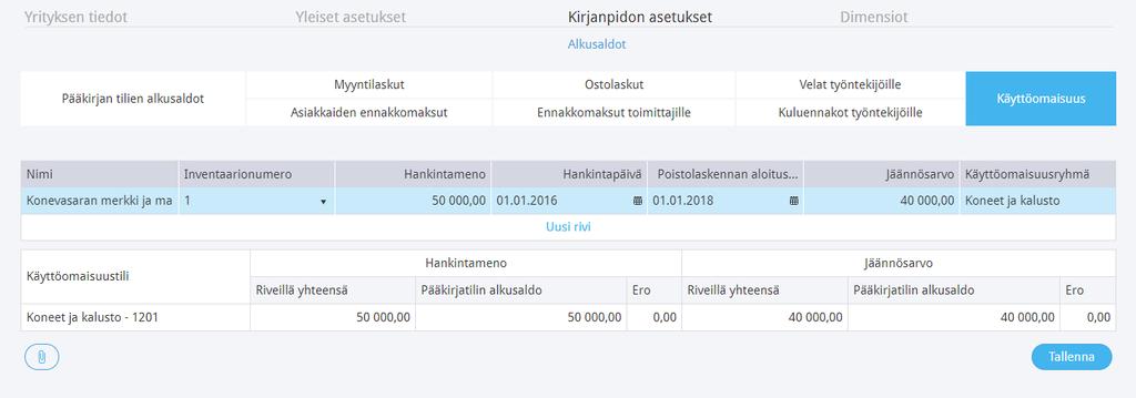 Täytä nyt edelliseen ikkunaan puuttuvat kohdat: Hankintameno hyödykkeen alkuperäinen hankintahinta Hankintapäivä hyödykkeen alkuperäinen hankintapäivä Poistolaskennan alkupäivä päivämäärä, josta