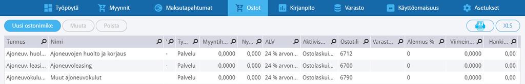 Aktiivisuus tarkoittaa sitä, käytetäänkö nimikettä ostolaskuissa, myyntilaskuissa vai sekä myynti- että ostolaskuissa. Voit myös valita nimikkeen Ei-aktiiviseksi.