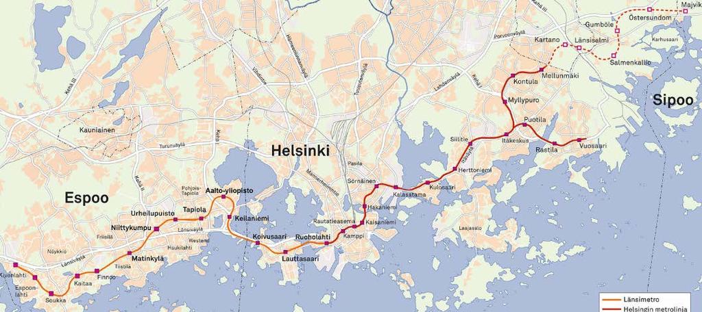 METROVERKOSTO Länsimetro (Ruoholahti Matinkylä) Länsimetron jatkeen (Matinkylä Kivenlahti) rakentaminen on alkanut