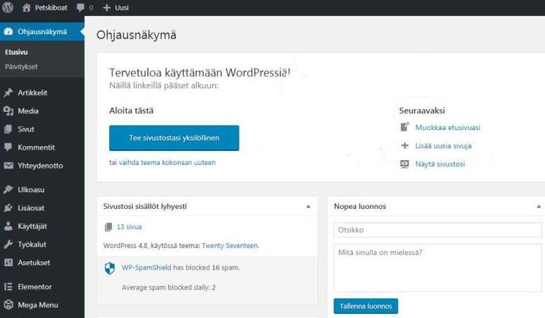Kuva 2. Sivuston rakenne, mitä sivuja se sisältää. Ote käyttöohjeista.