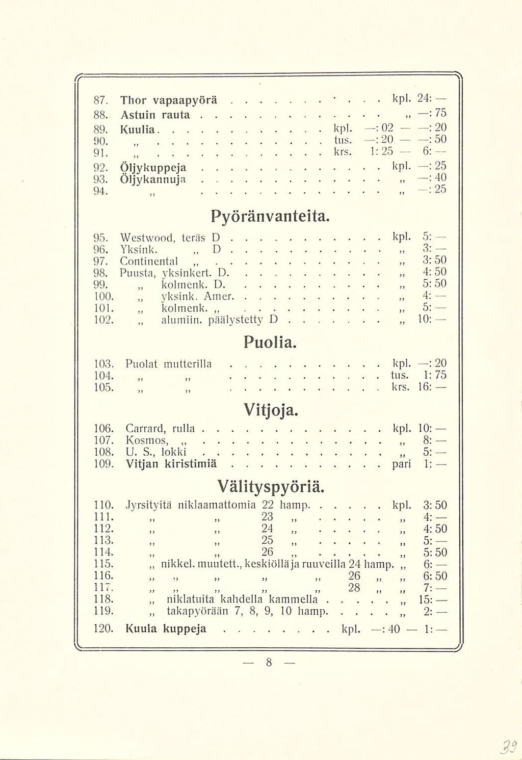 kolmenk. yksink. kolmenk. alumiin. tus. krs. D ~ 24 26 ~ 26 takapyörään : : : 87. Thor vapaapyörä... kpl. 24: 88. Astuin rauta 75 89. Kuulia kpl. : 02 :20 90 tus. : 20 :50 91., krs. 1:25 6: 92.