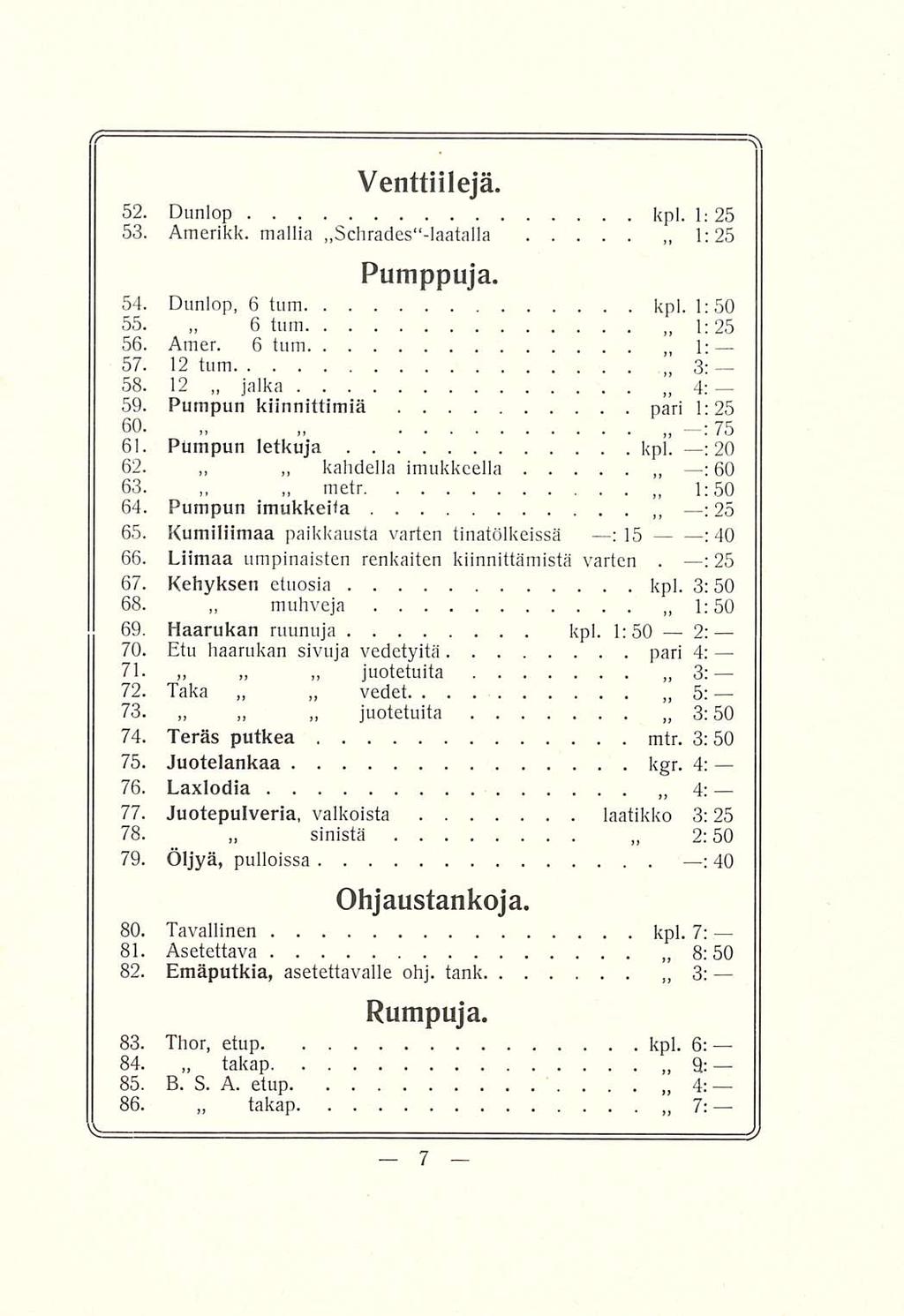 6 kahdella muhveja sinistä Venttiilejä. 52. Dunlop kpl. 1; 25 53. Amerikk. mallia Schrades -laatalla 1:25 Pumppuja. 54. Dunlop, 6 tum kpl. 1:50 55. tum 1:25 56. Amer. 6 tum 1: 57. 12 tum 3; 58.