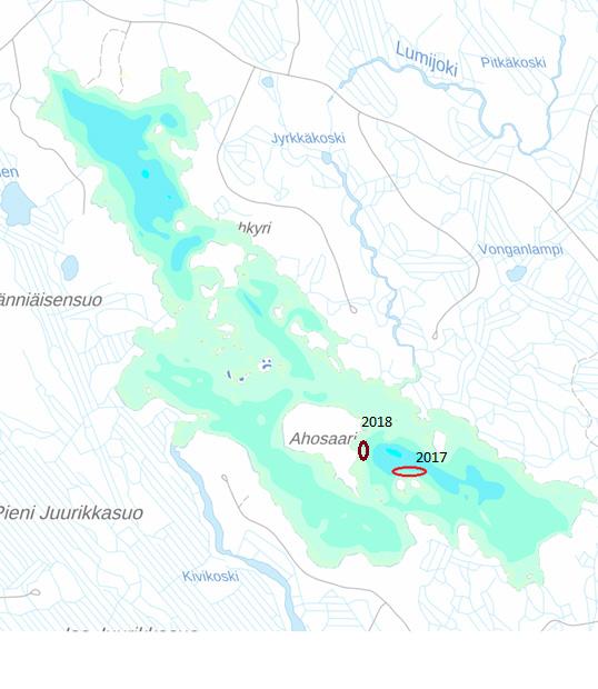 Kuva 62. Mesokosmosten sijainti Kivijärvellä vuosina 2017 ja 2018. Kokeiden tarkoituksena oli testata suuremmassa mittakaavassa voidaanko kerrostuneisuutta purkaa ilman happamoitumisriskiä.