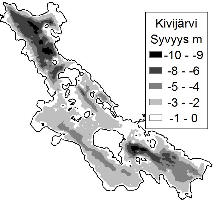 Kuva 26. Kivijärven syvyys- ja pohjanlaatukartat Kuva 27. Kivijärvi, näytteenottopisteet sekä tuleva Lumijoki ja luusuassa sijaitseva Kivijoki on merkitty nuolin.