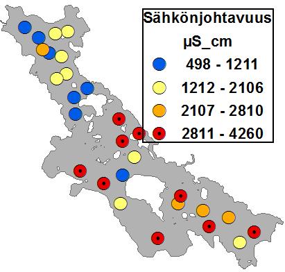 Kuva 28b. Sähkönjohtavuuden, rikin ja uraanin pitoisuusjakaumat Kivijärven pintasedimentissä (0 2 cm).