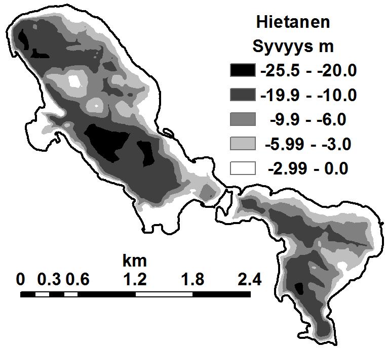 . Kuva 30. Sotkamon Hietanen, näytteenottopisteet. Järveen tuleva joki ja luusua on merkitty nuolin. Kuva 31.