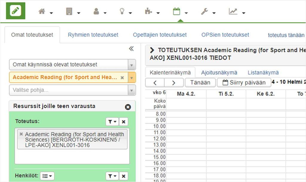 Toteutuksen varaukset 2/3 Toteutuksen tiedot avautuvat varausten kalenterinäkymään Varaus tehdään klikkaamalla haluttua päivää ja ajankohtaa kalenterissa ja maalaamalla hiirellä varaus halutun