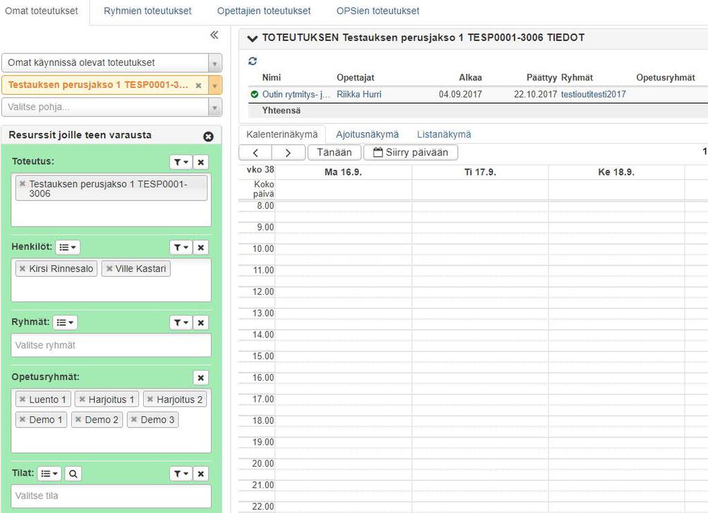 Toteutuksen varaukset 3/3 Tila(t) Ulkopuolinen/jaettu tila Listanäkymä toimii hyvin kokonaistarkastelussa Vastuuopettaja Muut henkilöt (ei ylläpitäjä) Opettaja(t)