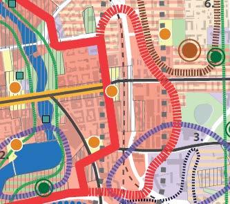 14 Vasemmalla ote keskustan strategisen osayleiskaavan maankäyttökartasta ja oikealla ote liikennekartasta. Suunnittelualueen likimääräinen sijainti on merkitty punaisella ympyrällä.