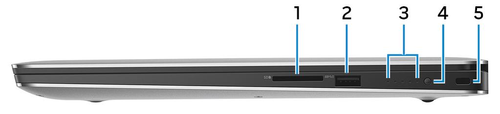 3 Oikea mikrofoni Äänitulo digitaalista audiotallennusta ja äänipuheluita varten. Oikea 1 SD-korttipaikka Lukee SD-kortteja ja kirjoittaa niille. 2 USB 3.