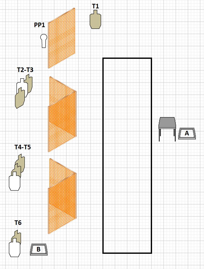 Rasti 5 Hyökkäys lähetystöön (oikea monttu) Pikarasti Pistooli 6x SRA-taulu, 1x Popperi, 3x E/A-taulu SRA-taulu sääntöjen mukaan, Popperi 10 pistettä Ampumaetäisyydet 5-25m 90ᵒ ylös / 90ᵒ alas /