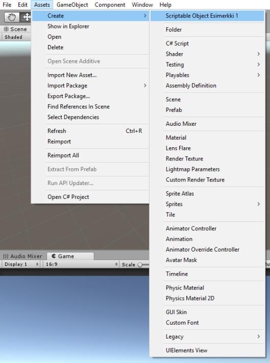 13 [CreateAssetMenu] -ominaisuuden lisäyksen jälkeen uuden, juuri määritellyn ScriptableObjectin tekeminen on mahdollista Unityn omasta luo-valikosta (kuva 8).