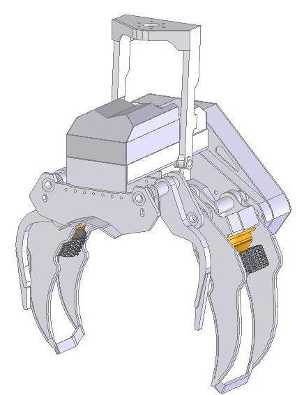 18 KUVIO 6. 3D-malli AFM 60 Combi -yhdistelmäkourasta 4.1.1 Rullarungot ja kahmarit Työn keskeisin kokonaisuus oli rullarunkojen ja kahmareiden suunnittelu.