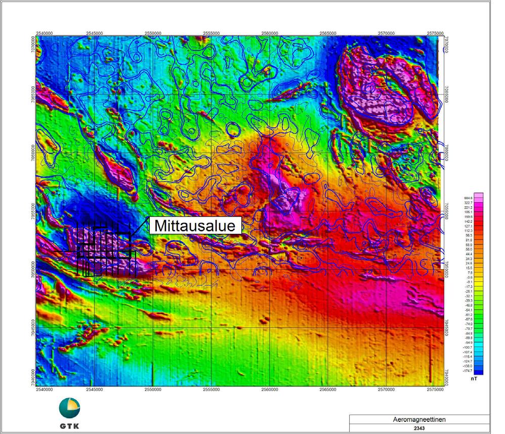 7 Kuva 2. Aeromagneettinen väripintakartta karttalehdeltä 2343. Alueelliset painovoimakäyrät sinisellä.