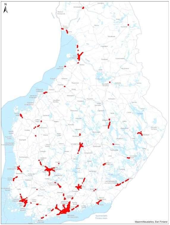 Taajamien maantiet, joilla vuorokausiliikenne on yli 10 000 ajoneuvoa ja ihmisiä asuu alle 45 metrin etäisyydellä tien reunasta Noin 64.