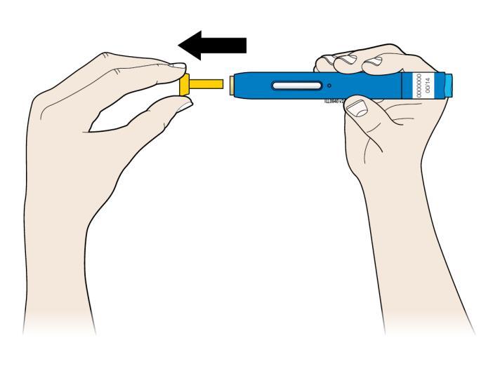 Vaihe 2: Pistoksen valmistelu E. Kun olet valmis pistämään lääkkeen, poista keltainen suojakorkki vetämällä suoraan ulospäin.