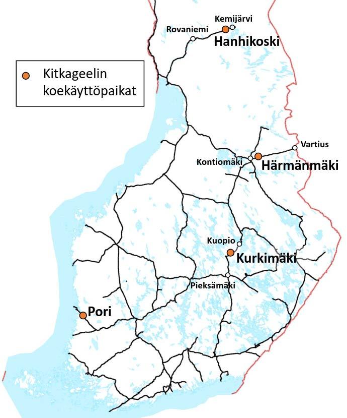 Kitkageelin koekäyttöpaikat Kitkageelin koekäyttölupa saatiin seuraavilla koepaikoille 13.11.2017-30.6.