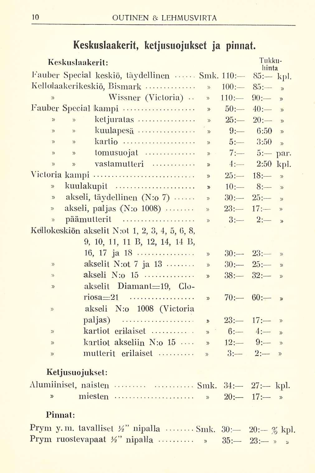 Keskusiaakerit, ketjusuojukset ja pinnat. Keskuslaakerit: Tauber Special keskiö, täydellinen Kcl 1otlaakerikeskiö, Bismark Wissner (Victoria) Tukkulunta Smk. 110: 85: kpl.