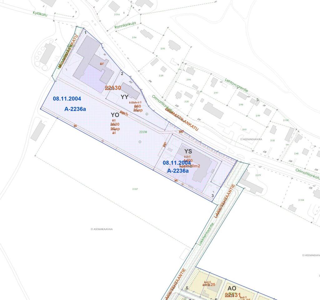 Kaavatilanne Asemakaava Alueella on voimassa vuonna 2004 vahvistunut asemakaava. Kiinteistö 2:337 on kaavoittamaton kuten myös Orimattilankadun alue.