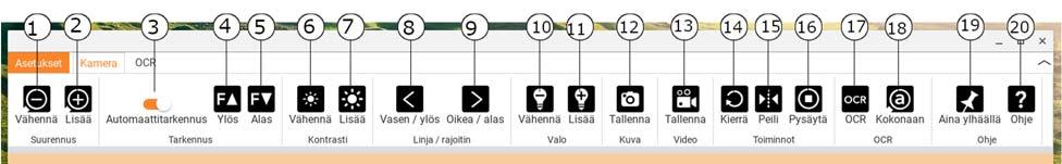 8.5 Ohjelmiston käyttäminen 8.5.1 Valikkotoiminnot Sovellus koostuu ikkunasta, jossa on välilehtiä sekä painikeryhmiä. Yksi välilehti on sovelluksen asetuksia ja toinen kameran käsittelyä varten.