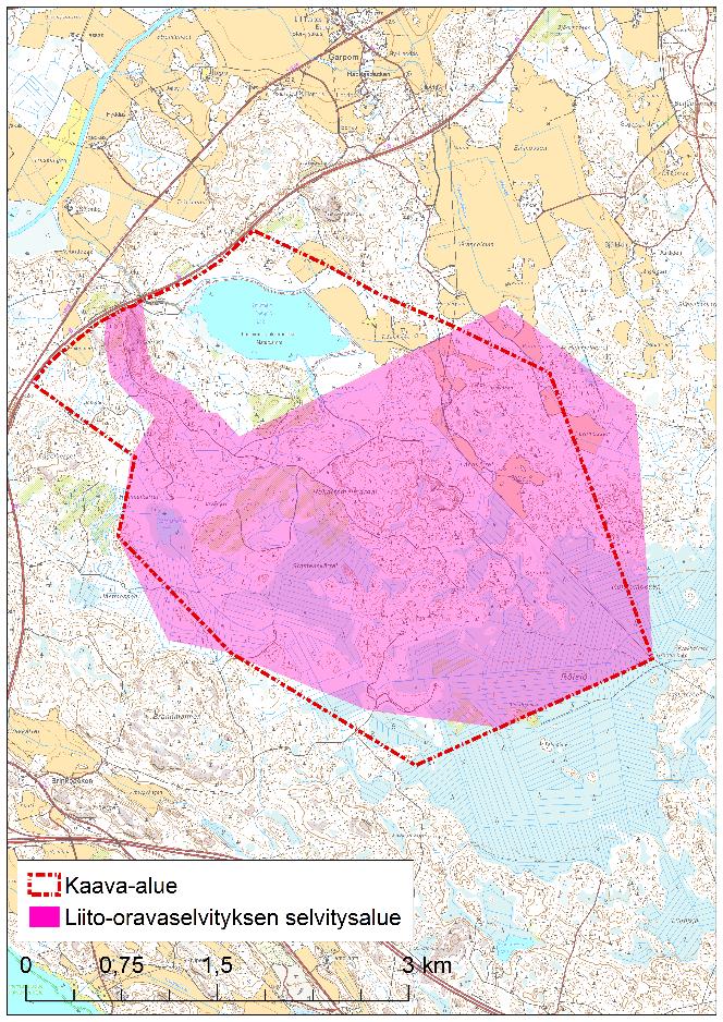 Liito-oravaselvityksen selvitysalueen rajaus noudattaa vuonna 2015 suunnitellun osayleiskaava-alueen rajausta ja rajauksen muututtua selvitysalue on eri kuin kaava-alue (kuva 1-1).