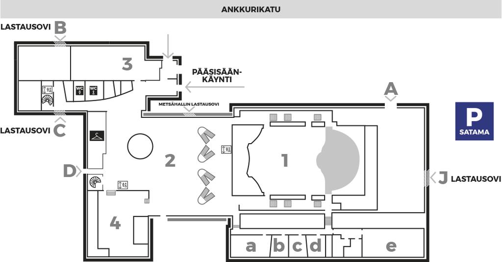 SIBELIUSTALON OVET 1 = Pääsali a = Haapa-kabinetti A = Taitelijaovi / Pääsali 2 = Metsähalli b = Honka-kabinetti B = Lastausovi / Finlandia-klubi, Puusepän Sali, Puusepän verstas