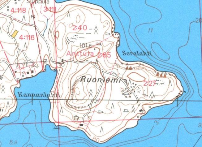 Ote peruskartasta vuodelta 1986. Lähde: Maanmittauslaitos/ avoin tietoaineisto. Alueella ei ole tiedossa olevia muinaisjäännöksiä tai muita arkeologisia kohteita.