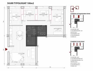 katunäkymä street view tyyppiasuntopohjia apartment typologies 1:200 The building, which combines high-rise and low-rise typologies, is well-suited to Vuores area.