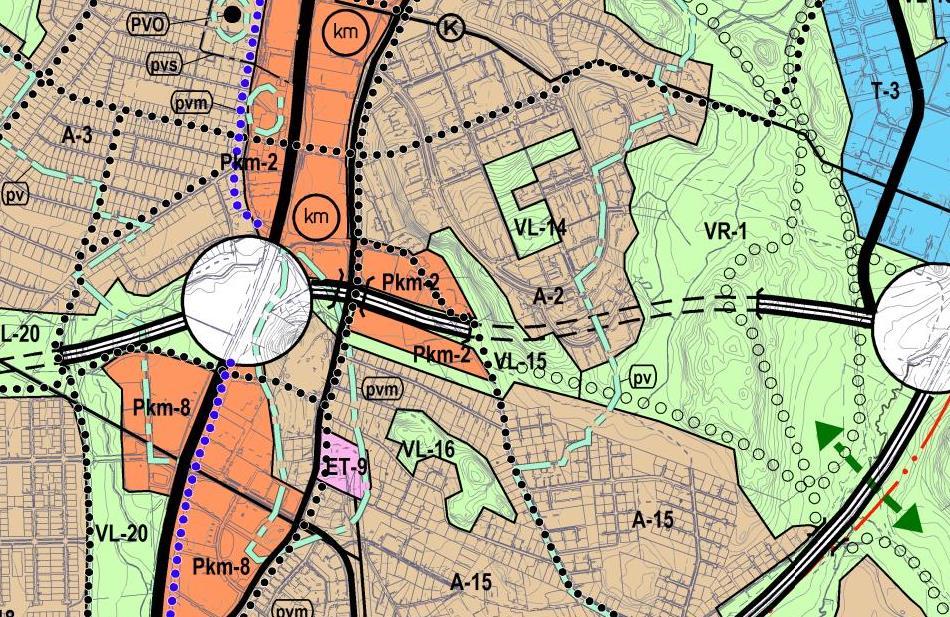 Yleiskaavassa on esitetty ohjeellinen pyöräilyn aluereitti tunnelin länsipään yli. Ote 2016 osayleiskaavasta. Pkm 2 Laune Alueen nykytilan kuvaus: Eteläisen Lahden kaupallinen keskus.