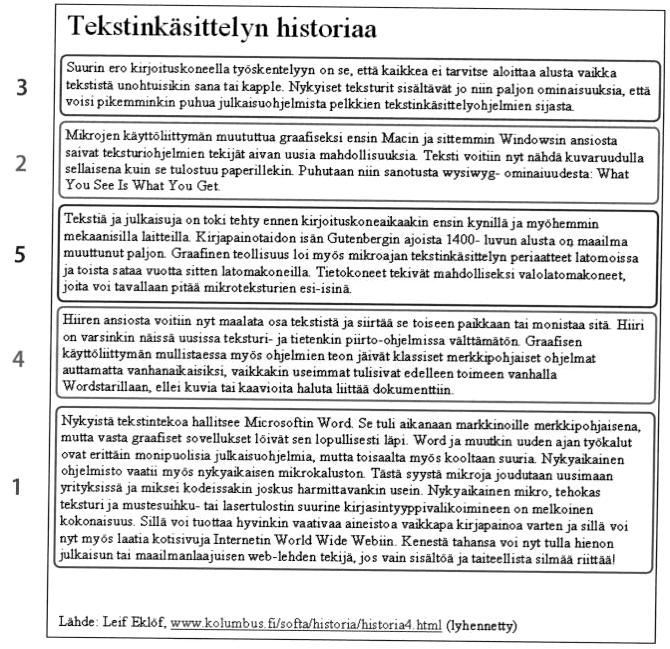 Siirto ja kopiointi, etsi ja korvaa 10. Avaa tiedosto Teksti_10. Siirrä kappaleet kuvan mukaiseen numerojärjestykseen. Tavuta teksti ja tallenna se nimellä Tekstinkäsittelyn historiaa. 11.