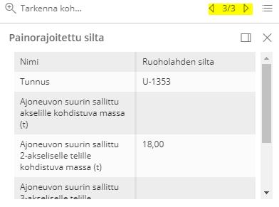 Kartalta saa näkyviin tieviivalta hiiren vasemmalla painikkeella painamalla tarkemmat tiedot kohteesta, esim.