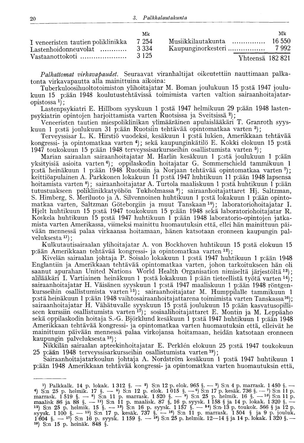 20 3. Palkkalautakunta Mk Mk I veneeristen tautien poliklinikka Lastenhoidonneu volat 7 254 3 334 Musiikkilautakunta Kaupun ginorkesteri 16 550 7 992 Vastaanottokoti 3125 Yhteensä 182 821 Palkattomat