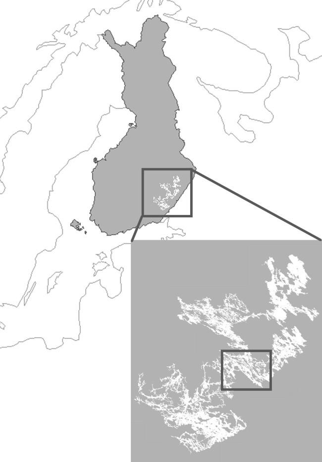 Kuva 5. Saimaan vesistöalue ja Pihlajaveden tutkimusalue, joka sijoittuu Savonlinnan, Punkaharjun, Parikkalan ja Sulkavan välille. Pohjakartta (C) Maanmittauslaitos 4/2018.