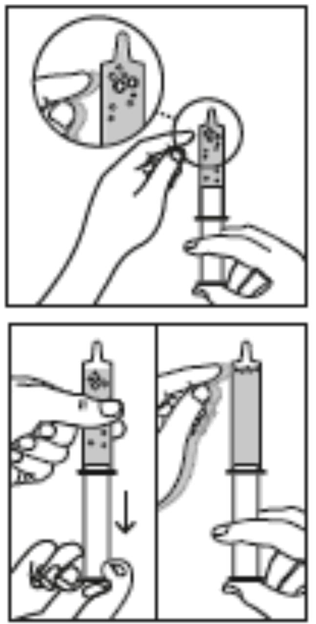 Vedä mäntää hitaasti ulospäin ruiskussa olevaan 10 ml:n merkkiin asti (ks. kuva 2). Kuva 2 Vaihe 2. Siirrä kuplat ruiskun kärkeen a.
